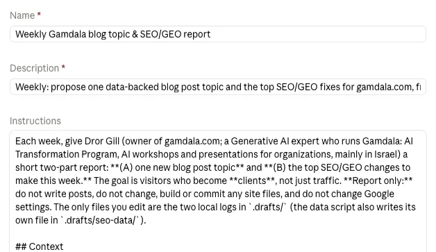The settings of a weekly scheduled task that writes a blog topic and SEO report for gamdala.com