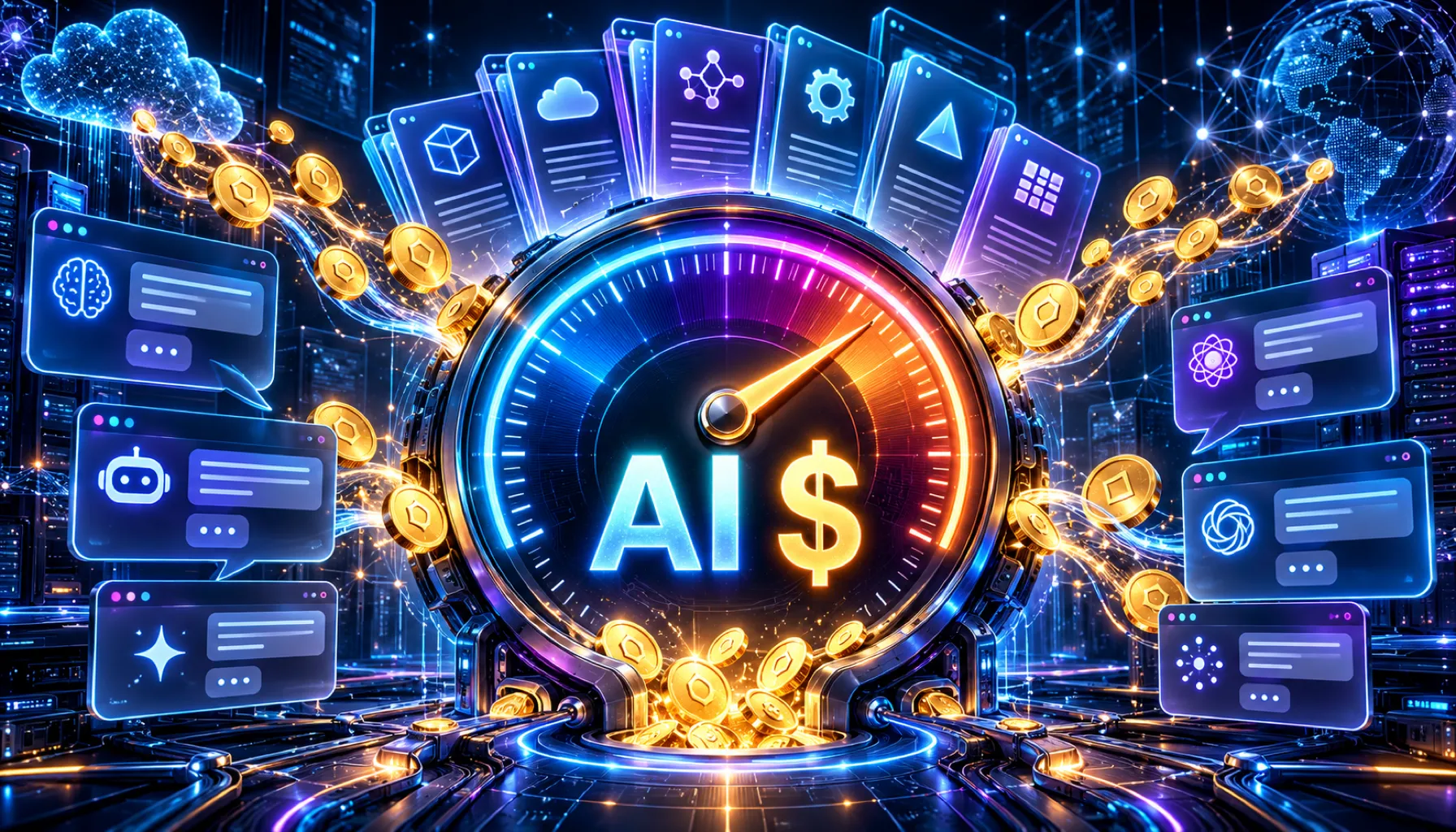 Illustration of a glowing price meter surrounded by AI chat windows and license cards