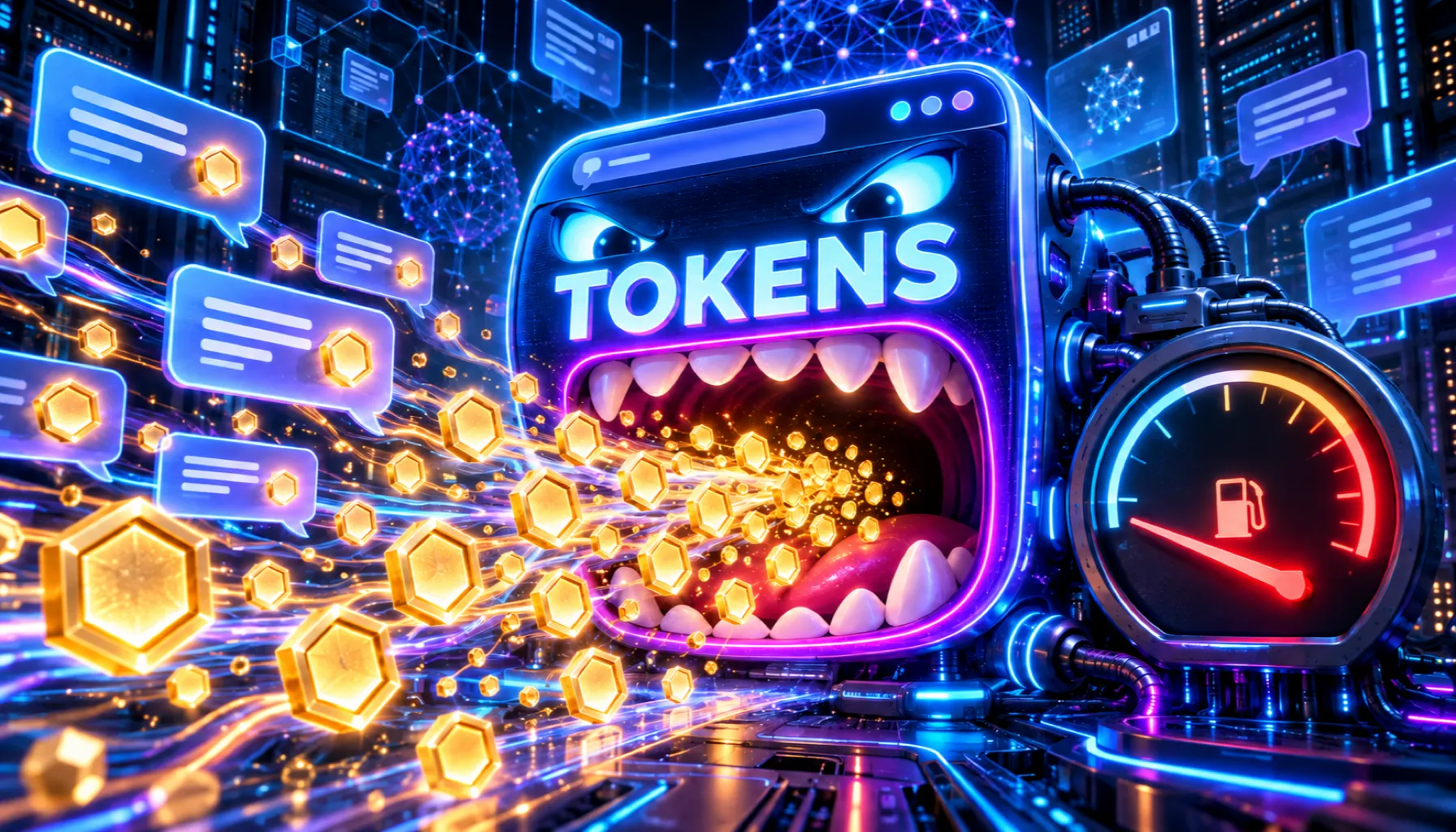 Illustration of a glowing AI chat window devouring a stream of tokens