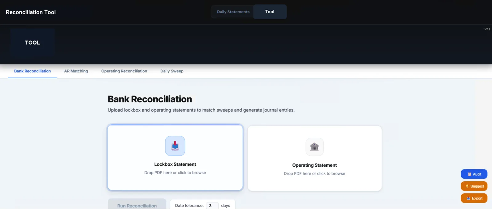 Screenshot of Bank Reconciliation Tool (1 of 1)