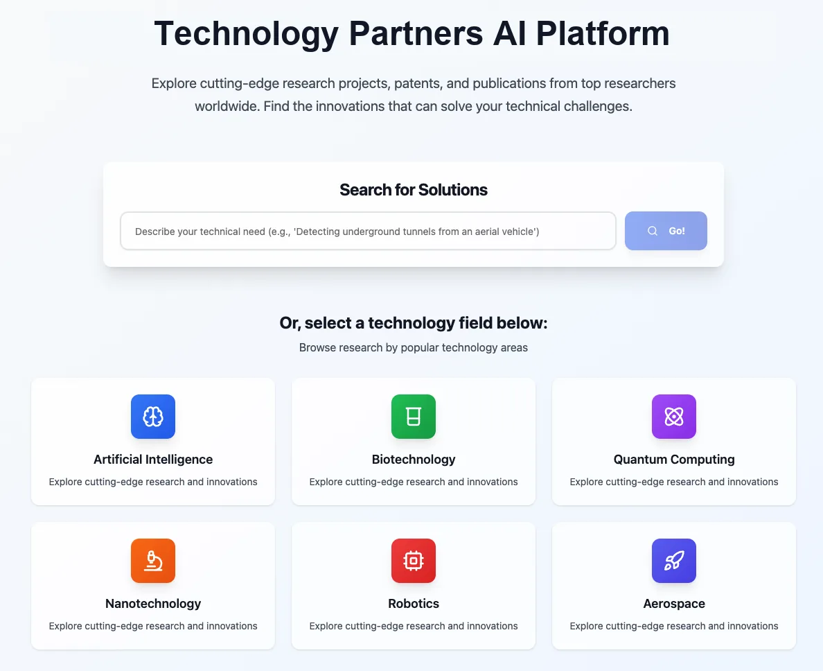Screenshot of Technology Search Platform (1 of 2)